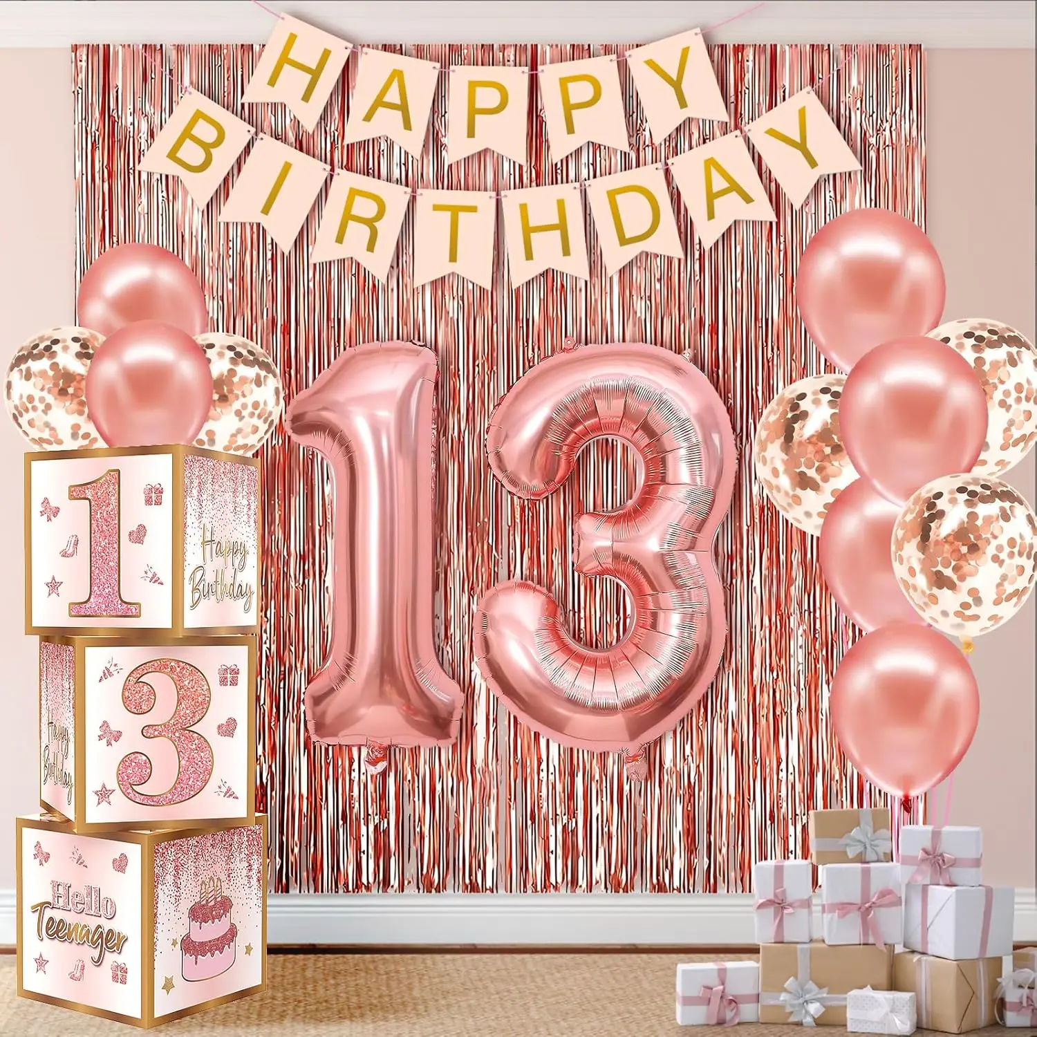 13th Birthday Decorations for Girls,13 Year Old Boxes Decor for Girls Women Happy official 13th teenager Birthday Kits Pink Rose  Number 13 Foil Balloons Party Supplies Rose  Tassel Curtain