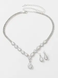 2Pcs Silver Tone Rhinestone Jewelry Set for Women, Teardrop Pendant Necklace and Dangle Earrings Set, Bridal Wedding Prom Party Accessories