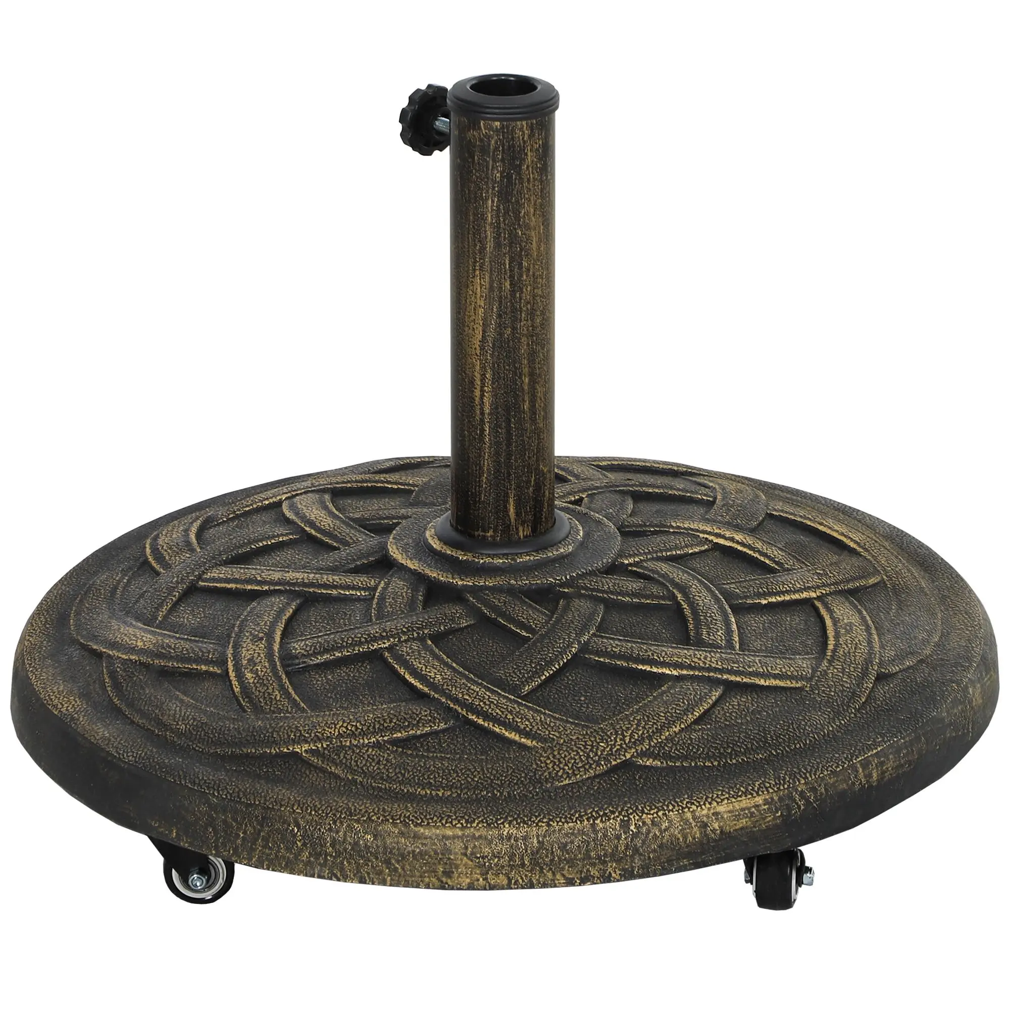 Round Patio Umbrella Base with Wheels, 44 lbs Resin Umbrella Stand Base, Heavy Duty Patio Umbrella Holder for 1.3"/1.5"/1.9" Umbrella Poles for Outdoor, Lawn, Poolside, Bronze