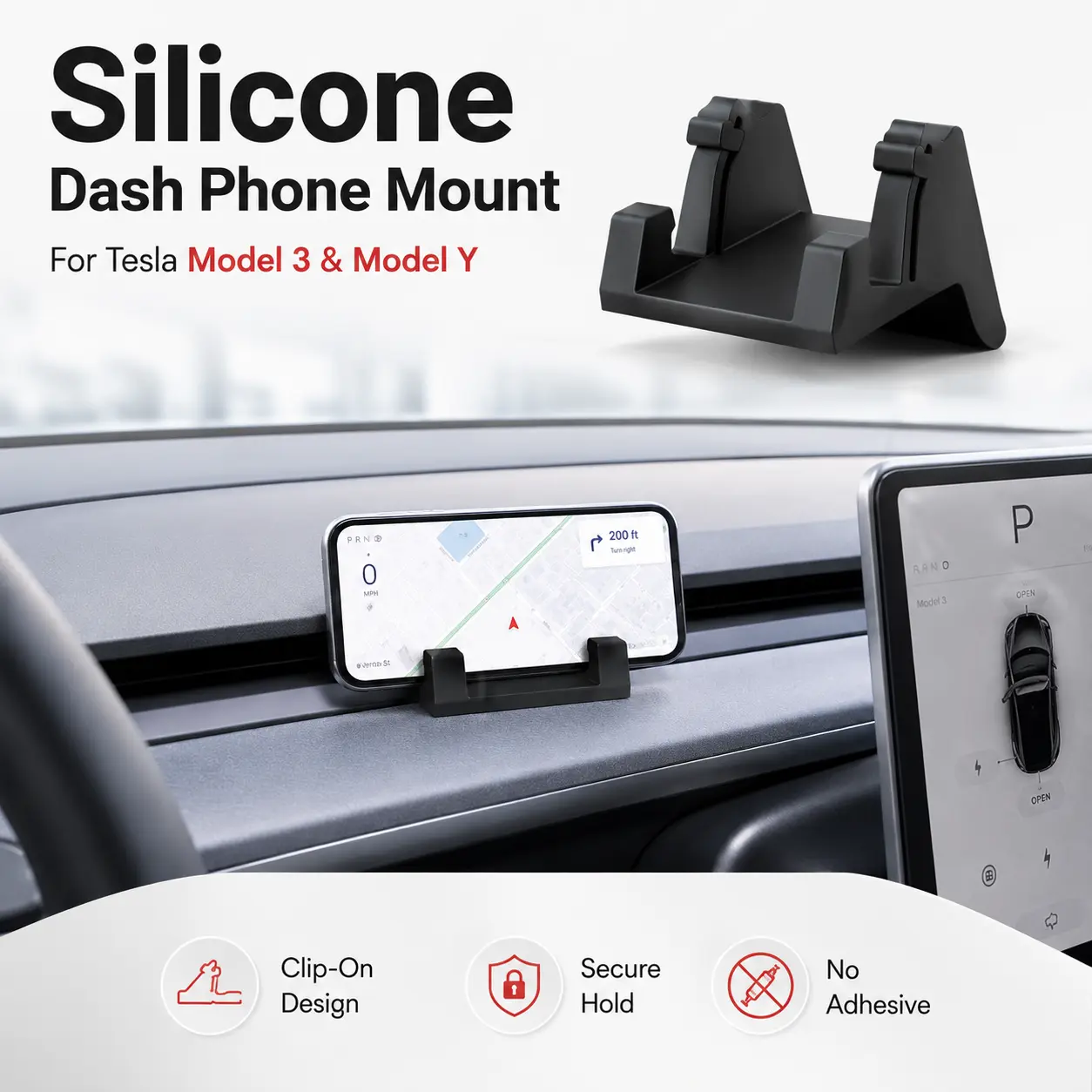 Soft Silicone Dashboard Edge Phone Mount for Tesla Model 3 (2021-2023)-Model Y, Clip-On Stand with Horizontal Slot, No Adhesive Phone Mounting Holder, Gentle on Car Interior for Easy Use While Driving