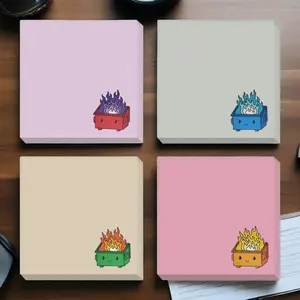 4 Pack Cute Cartoon Trash Can Sticky Notes Set with Fire Adhesive, 3x3 Inch Square Paper Memo Pads, 50 Sheets Each, Fun Office Supplies for School, Home, Teachers, Students, Back-To-School Gifting
