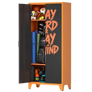 Garage Storage Cabinet, Metal Sports Locker with 2 Adjustable Shelves, 2 Elastic Cords, 4 Pegboards & 5 Hooks, Golf Bag Storage Cabinet for Garage, Home, Gym, School, Office, Black&Orange