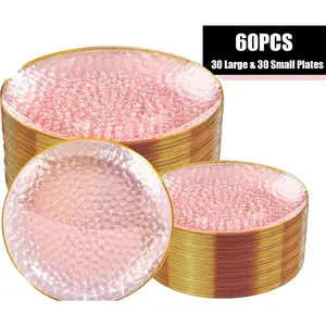 60 Transparent Plastic Plates with Gold Edge, Lightweight Plates, 30 Salad Dessert Plates and 20 Dinner Party Plates, Perfect for Celebrations and Festivities