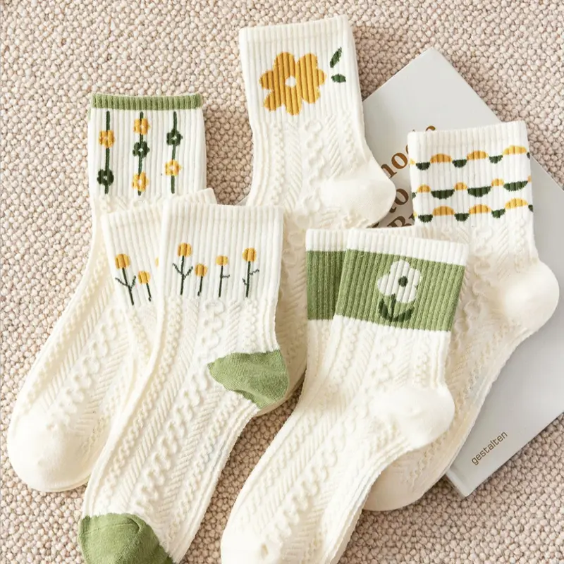 Women's 5 Pairs Floral / Bow Pattern Knitted Socks, Fashion Casual Cozy Cute Ankle Socks, Casual Stylish Socks for Daily Outdoor Wear, Women Socks for All Seasons, Casual Comfy Socks