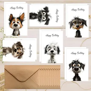 Cartoon Dog Pattern Birthday Card with Envelope, 12pcs/set Cute Animal Birthday Card, Handwritten Invitation Card Set for Birthday Party