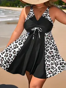 Plus Size Two-Piece Set Leopard Patchwork Print Drawstring Tankini Set, Fashion V Neck Swim Top & High Waist Swim Bottom, Women's Swimsuit for Summer Beach Holiday, Swim Tankini Tops, Tankini Outfit