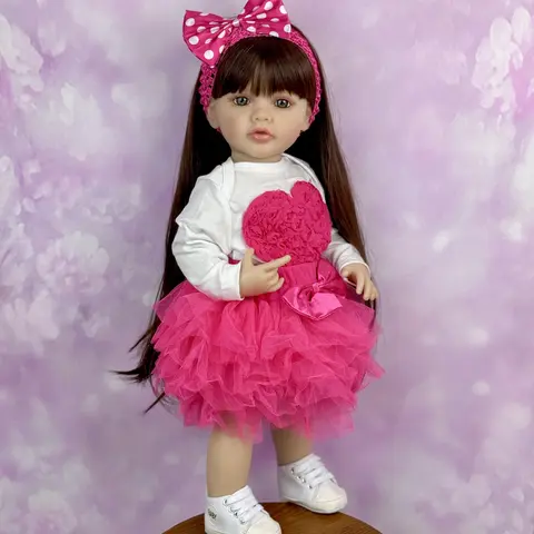 GUESSBELLY 55 CM Full Vinyl Body Reborn Baby Doll Toy For Girl Dress Up Long Hair Princess Toddler Doll with Pink Dress Suit Birthday Gift Bath Toy