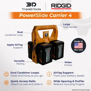 Ridgid Battery Caddy PowerSlide Carrier 4 w/ AirTag Tracking Support by TripleD Tools - Secure Battery Holder Made in America