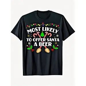 Funny Christmas T-Shirt - Most Likely to Offer Santa a Beer - Matching Family & Group Shirts (Sizes S-XXL) - Soft Breathable Cotton Crewneck Tee with Santa Hat & Beer Design - Holiday Party Outfits, Humorous Gift for Couples & Parties