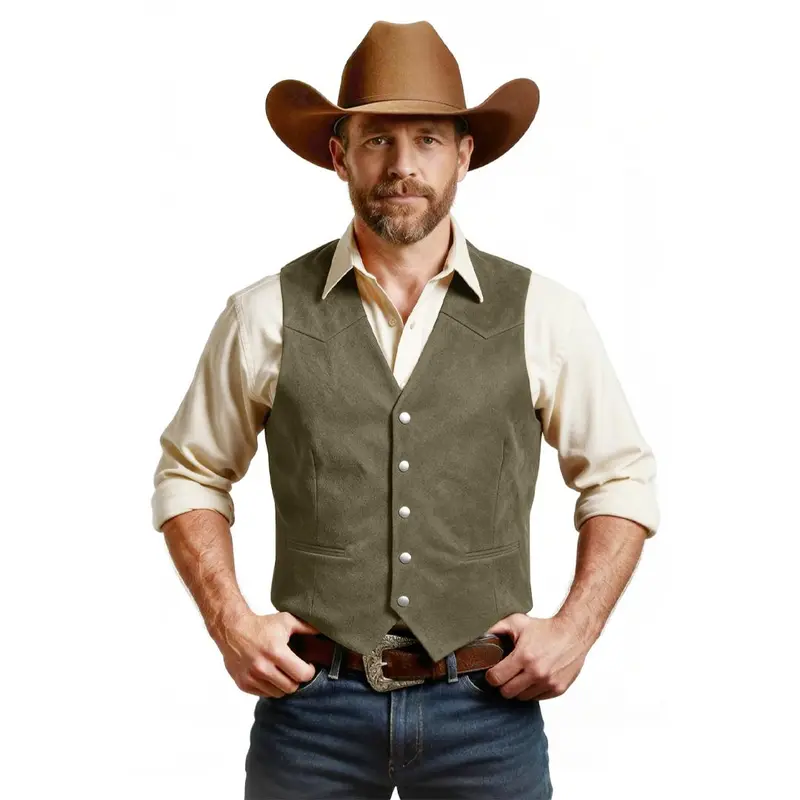 JEMITOP Men's Durable Classic American Retro Western Cowboy Slim Fit Sleeveless V-Neck Faux Suede Leather Waistcoat - Snap Buttons, Snip-Open Pockets, Tacked Shut Buckle Accent, Dress-Shirt Ready, Low Iron, Polyester, Dry Clean, All Seasons Western Attire