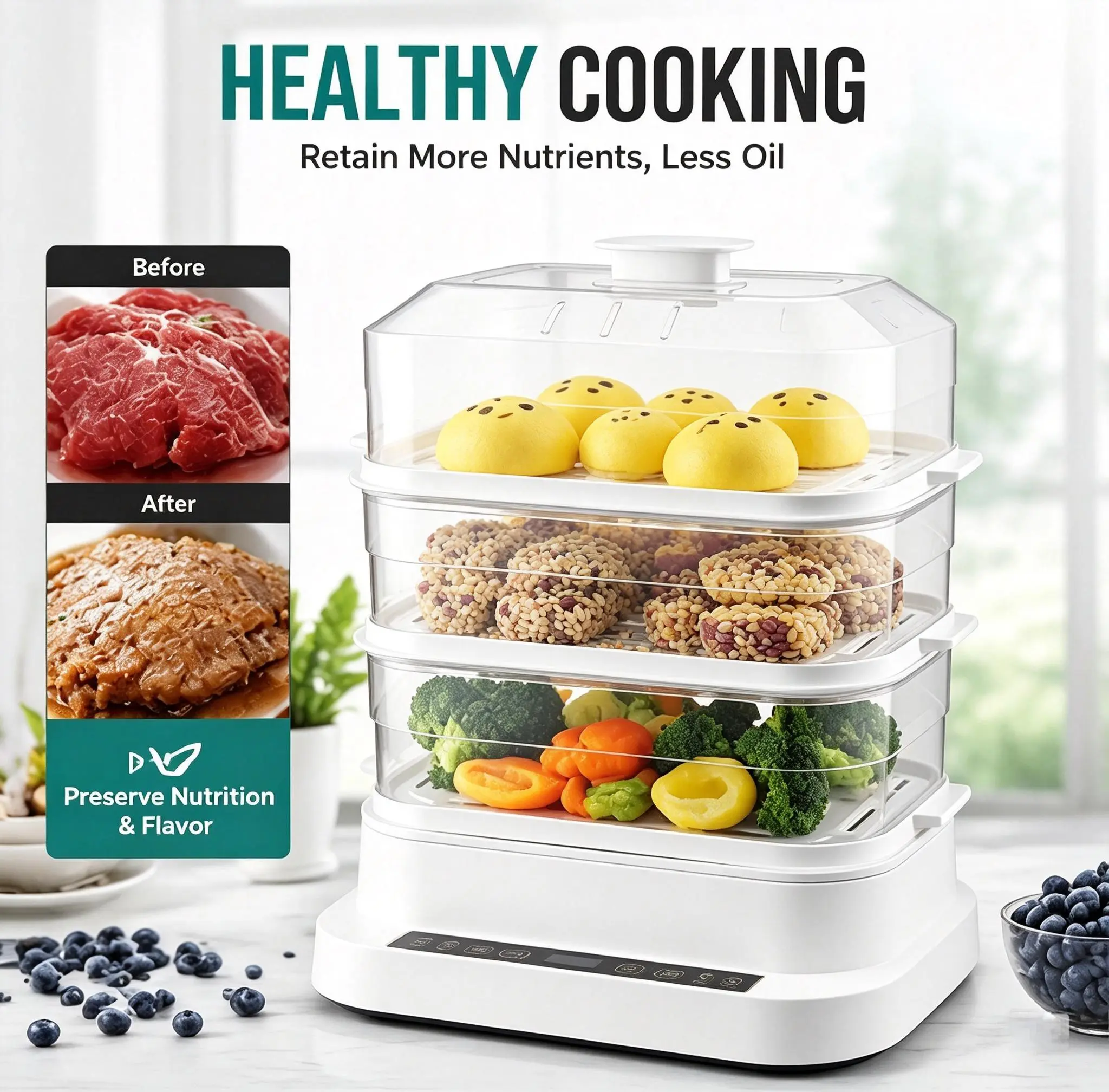 32L 3 Tier Food Steamer, Electric Vegetable Steamer, Large Capacity Steam Cooker for Fish, Meat & Vegetables, Healthy Kitchen Appliance
