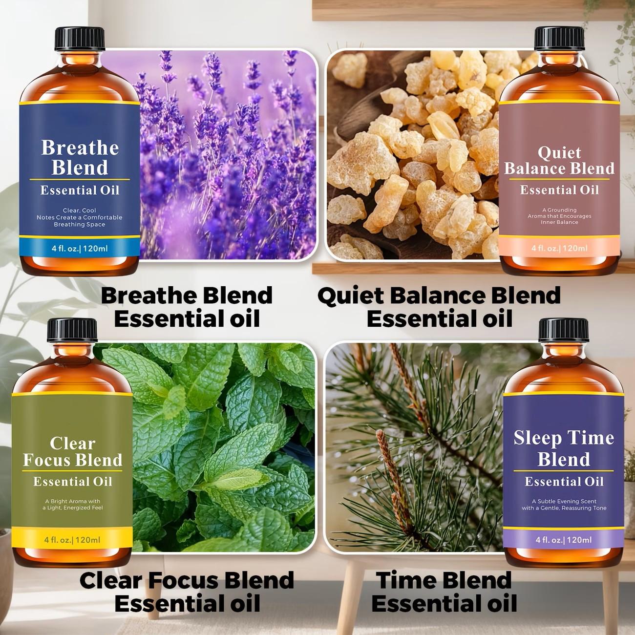 120ml/ 4oz Essential Oil Blend: Breathe, Sleep Time, Clear Focus, Quiet Balance Essential Oil for Humidifiers, Diffusers, Candle, Perfume Spray, Soap Making, Flavored Air | Yoga, Sleep, Meditation