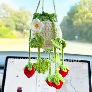 Crochet Strawberry Car Charm: Handmade Hanging Car Accessory