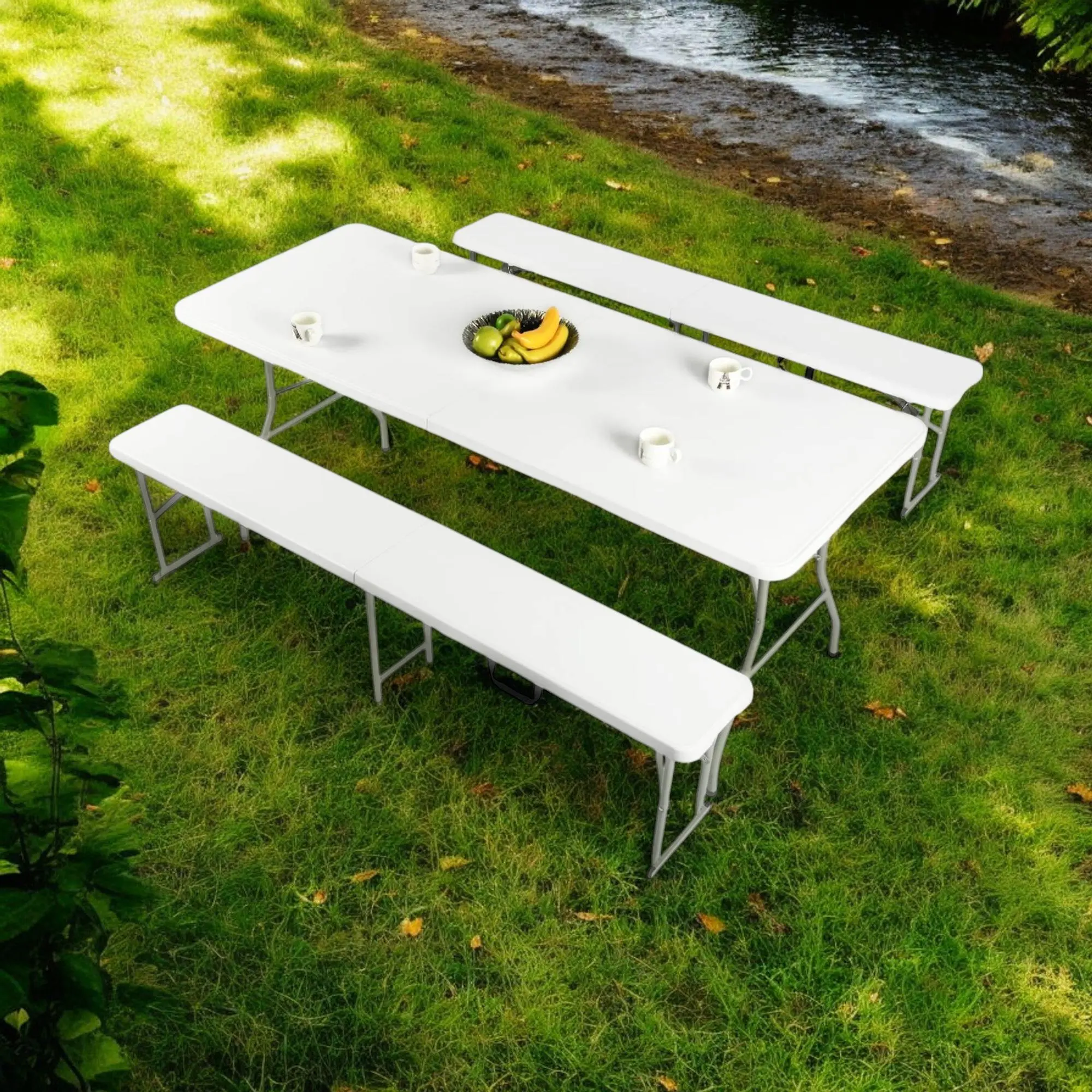 Homy Casa Yika 6FT Outdoor Folding Table & Bench Set – Portable Heavy-Duty Picnic Table with 2 Benches, HDPE Top & Steel Frame, Weather-Resistant for Camping, BBQ, Tailgate, Backyard, Easy Storage & Setup