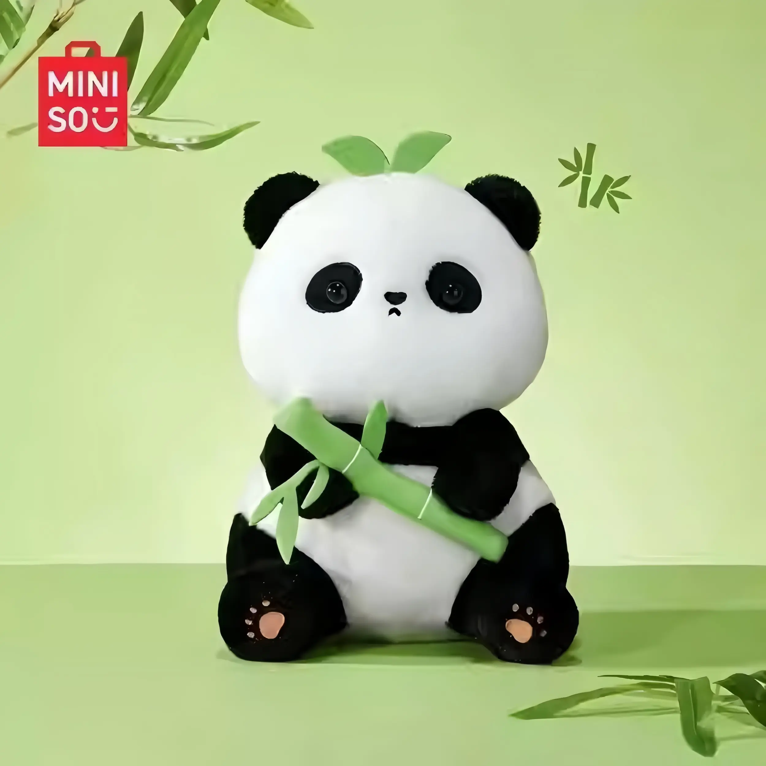 MINISO Sitting Panda Plush Doll - Super Soft Fluffy Collectible Cute Animal Merch with Bamboo Blessing, Cozy Pose, 8.5in 1PC Gift for Panda Lovers, Home Decor Stuffed Toy