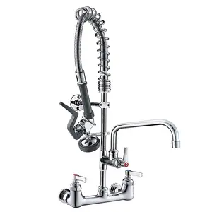 Commercial Kitchen Faucet Wall Mount with Pre-Rinse Sprayer 8 Inch Center Wall Mount Kitchen Sink Faucet with 9.6" Add-on Swing Spout 25" Height Faucet with Pull Down Spray