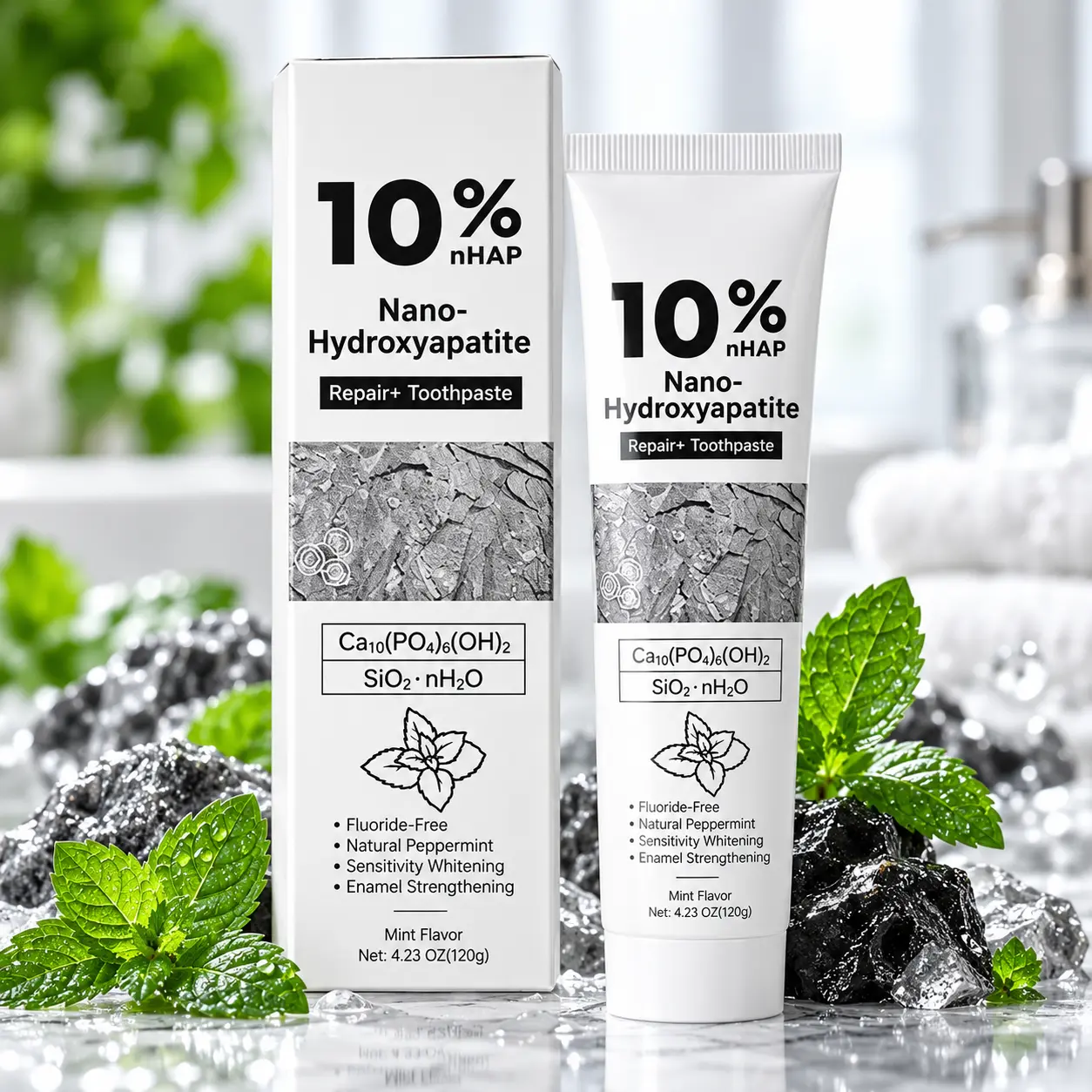 10% Hydroxyapatite Toothpaste, Fluoride Free Enamel Care Toothpaste, Nano Hydroxyapatite Remineralising Toothpaste for Daily Oral Care, Fresh Mint, 120g per Tube Cleansing Restore