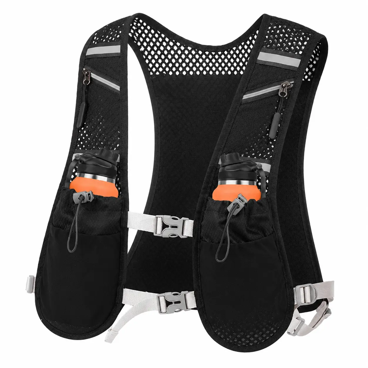 Unisex Hydration Running Vest Backpack - Lightweight Ventilated Mesh Fabric, 7 Pockets, Reflective Strips, Adjustable Fit, Sports Gear for Running, Hiking