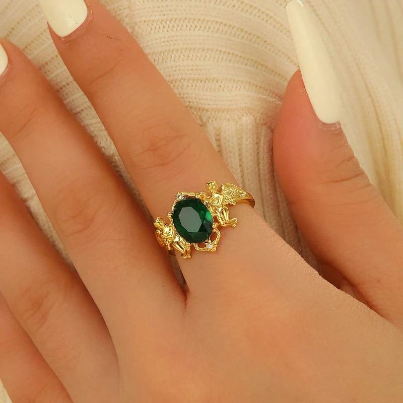 Women's Eternal Love Guardian Angel Motif Ring - Zinc Alloy with Green Cubic Zirconia, Star Accents, Suitable for Daily Wear, Wedding Gift, Plain