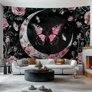 One moonlit night tapestry, featuring pink roses and crescent moon patterns - black wall hanging, suitable for indoor and outdoor use, with butterfly and floral designs, perfect for parties, weddings, birthdays. An elegant night sky decoration.
