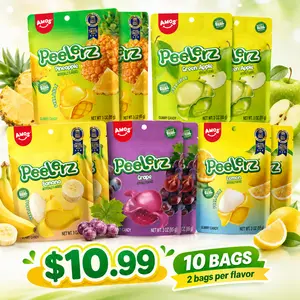 AMOS Peelerz Peelable Gummy Candy 10 Bag Value Pack, 5 Fruit Flavors, 2 Bags Each, Made with Real Fruit Juice, Fun Fruity Snacks, 3oz Each