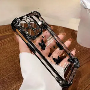 Butterfly letter  Pattern Four Corner Anti-Fall Phone Case Transparent Electroplated Protective Cover for iPhone 16 Pro Max 15 Plus 14 13 12 11 E