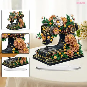 2D Flat Flower Sewing Machine Print DIY Diamond Painting Tabletop Ornaments Kit Table Top Diamond Painting Ornament Kits 5D DIY Diamond Art Tabletop Decorations for Home Office Desktop Decor