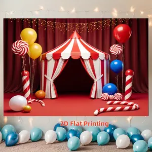 Striped Circus Party Banner, Durable Polyester Carnival Wall Hanging Backdrop with Balloons Flags Tent Design, Birthday Party Decorations