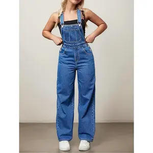 Women'S Overalls Straight Wide-leg Jeans Overall Fit Bib Loose Romper Adjustable Lace-up One-piece Ripped Denim Cargo Blue Holiday Family Gift Womenswear Suits Comfort Basic Minimalist Sleeveless Casual Fitted Strap Strappy