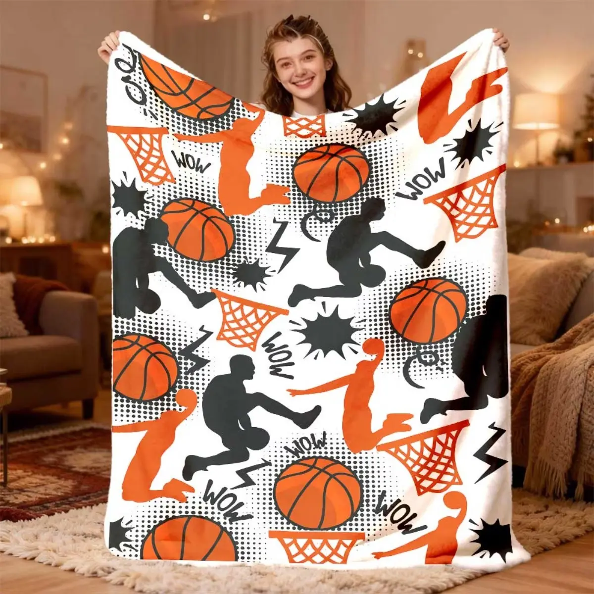 1pc Sports Basketball-Themed Flannel Blanket, Ultrasoft Warm Machine-Washable All-Season Throw, Digital Dunking Play Print, for Sofa, Travel, Office