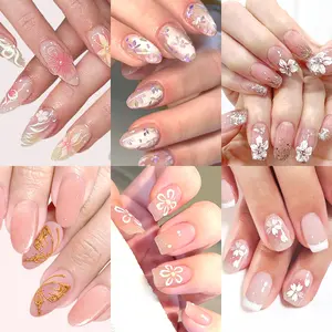144 Pcs Press On Nails (6 Packs) | Nude Pink Floral Designs | Soft Blossom, Petal Art & Subtle Glitter Accents | Almond Shape | Romantic Fairy Style Stick On Nails with Jelly Glue | 12 Sizes