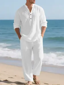 Men's Linen V-Neck Long Sleeve Shirt & Pants Set, Loose Fit Casual Breathable Fall, New Arrival Fashion Clothing