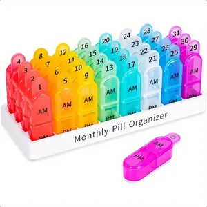 30-Day Monthly Pill Organizer - BPA-Free Food-Grade PP, AM/PM Twice Daily Medication Tracker with Extra Storage, Portable Compact Design for Vitamins, Supplements & Medication, Pill Holder, Vitamin Storage, Vibrant  Coding, Easyclean   Healthcare Medicine