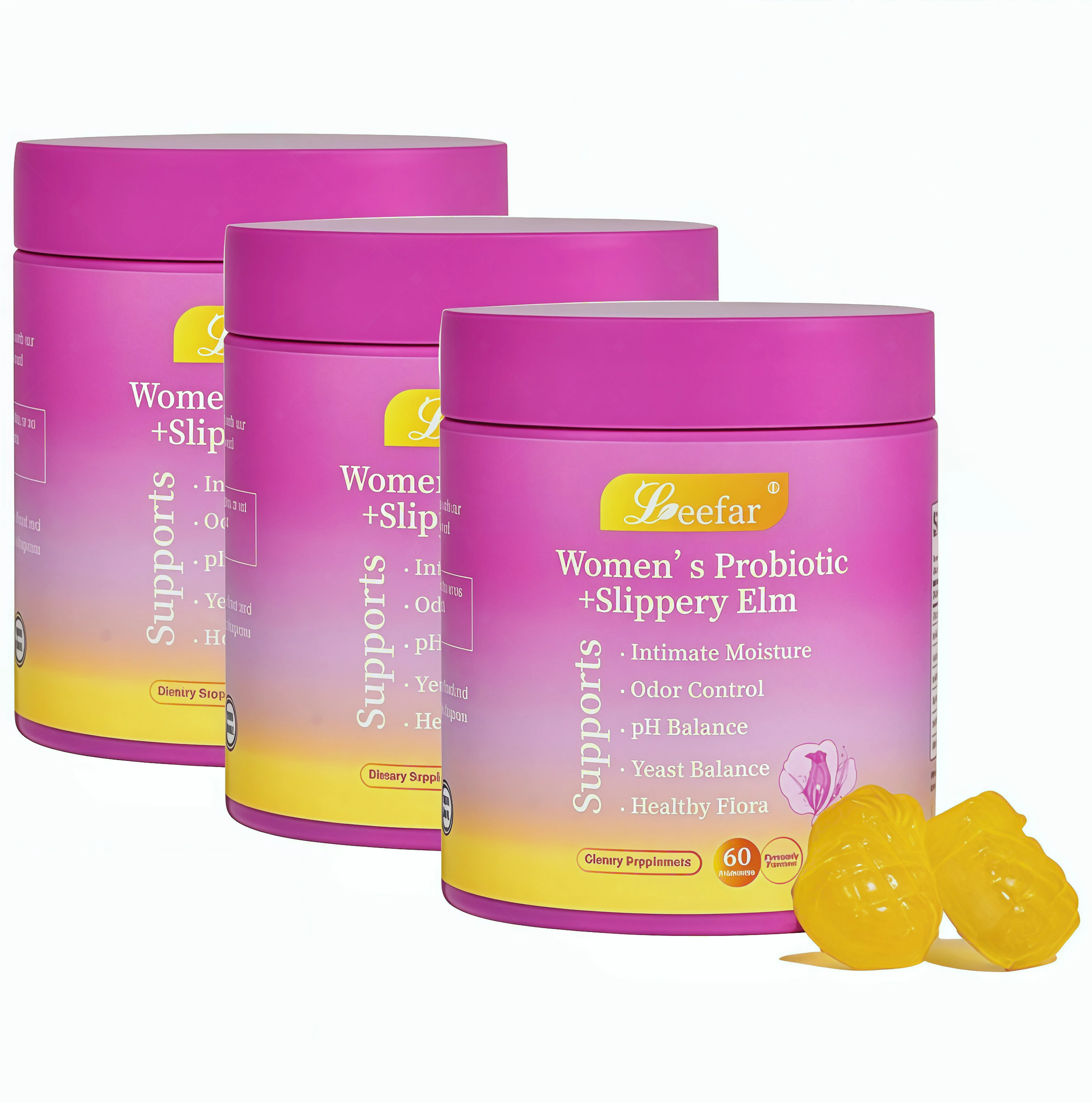 3 Botte LEEFAR Her Probiotics Gummies AE - All in One Solution with Slippery Elm and Prebiotics & Lactobacillus Probiotic Blend for Women's pH Balance and Dryness Hawaiian Pineapple Gummies Dietary Supplement