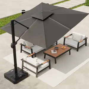 10x10 FT Cantilever Patio Umbrella with Stable Base, 360 Degree Rotation and Height Adjustment, Heavy Duty Aluminum Outdoor Shade for Garden Poolside and Backyard in Grey/Grey/Red