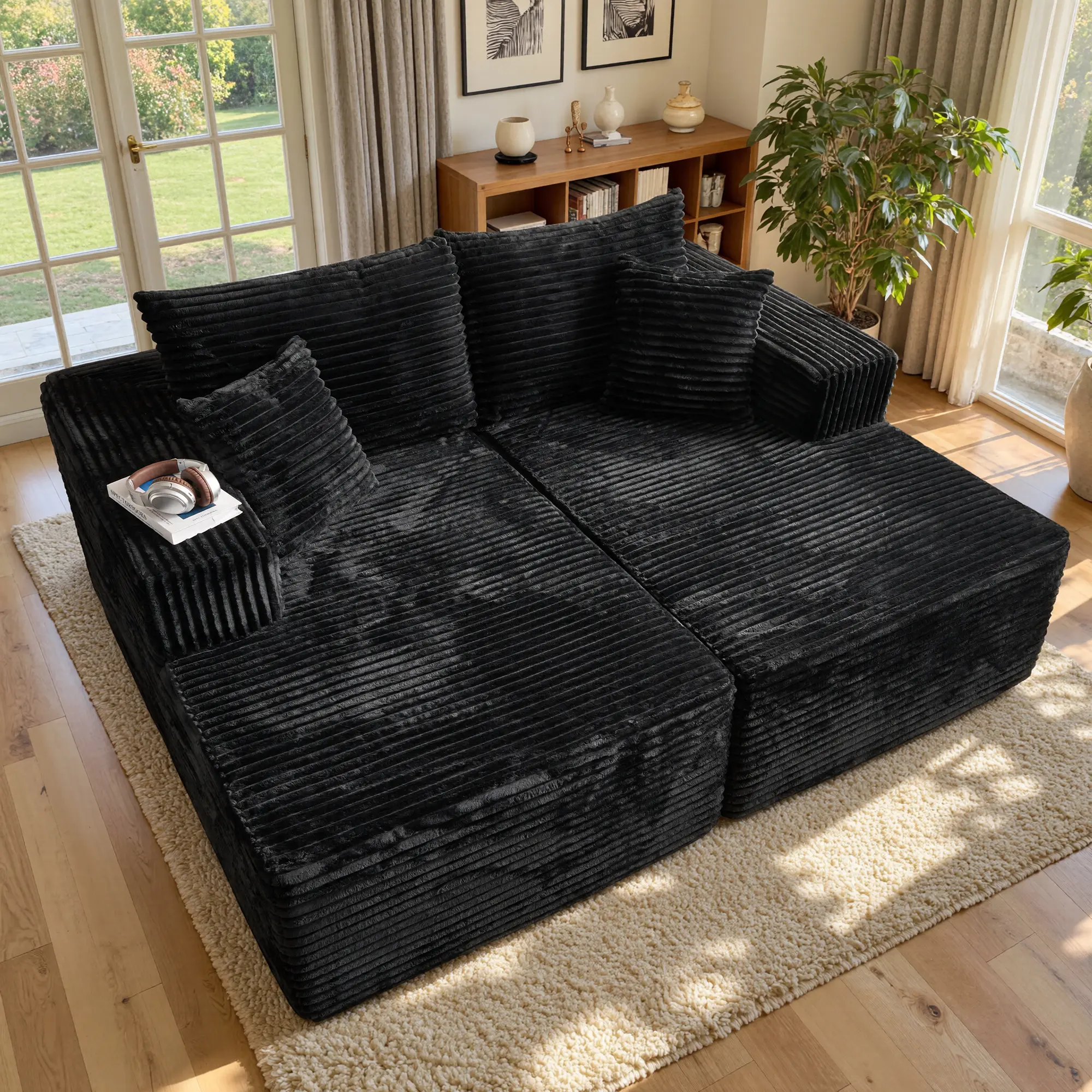 【2 Packages Shipping】XIZZI 75" Oversized Boneless Double Chaise  Sofa, Modern Compressed Plush Corduroy Upholstered Sectional Cloud Couch Sleeper Couch Bed, Lovesac Deep Seat, Comfy Lazy Chair for Living Room