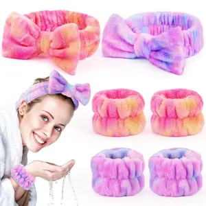 6 Pack Spa Headband with Wristbands: Washing Face Facial Makeup Skincare Headbands for Women Teen Girls - Soft Coral Fleece Elastic Hair Wraps for Easter Basket Stocking Stuffers Valentines Day Gifts EZIGO