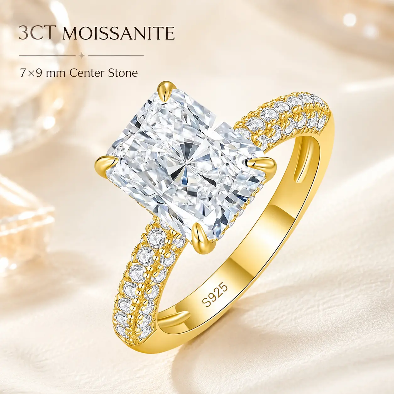 3CT 7×9mm Radiant Cut Moissanite Engagement Ring for Women, D Color VVS1 Lab Created Stone, S925 Sterling Silver 14K Gold Plated Wedding Ring ray engagement ring