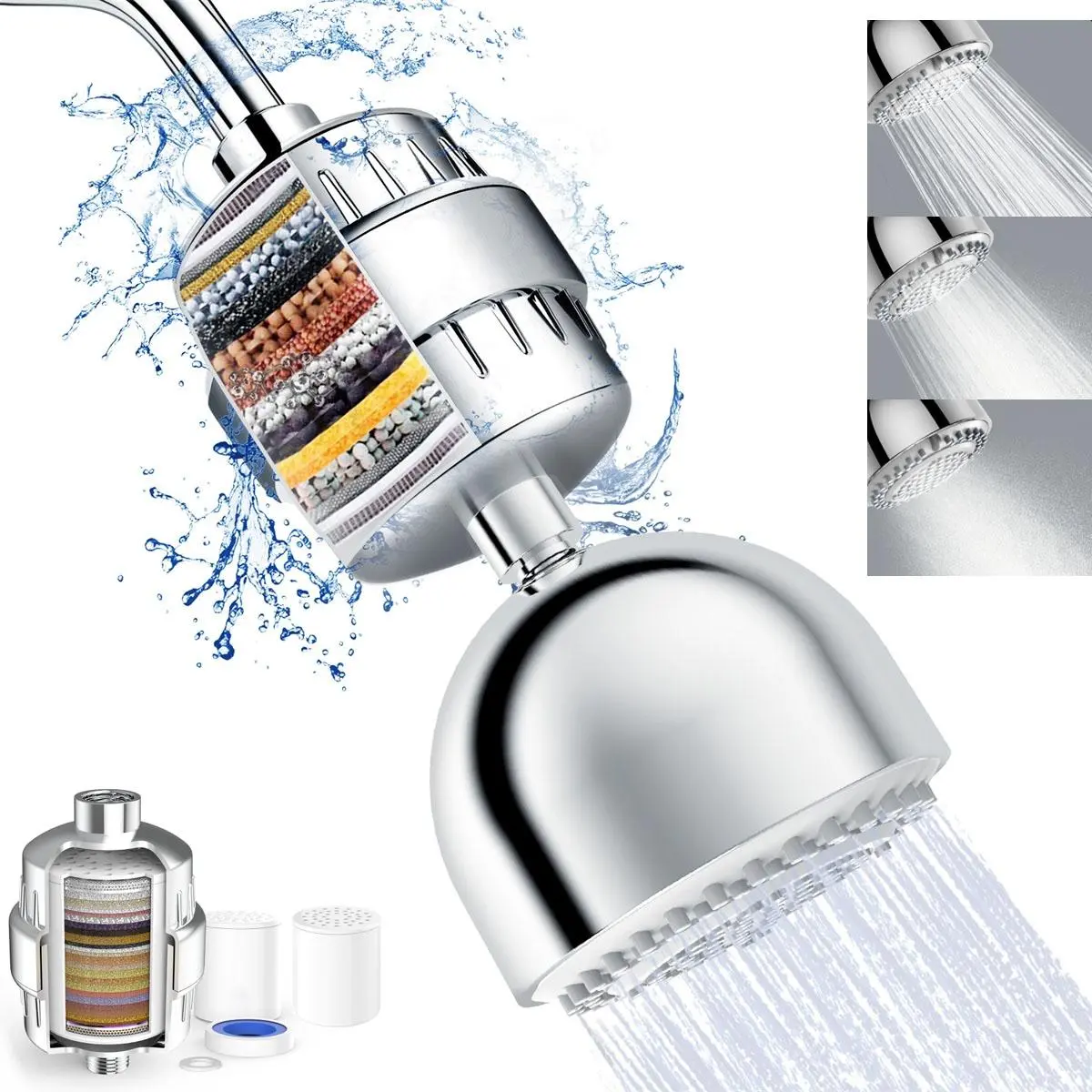 Shower Head Filter Combo, High Pressure 3 Spray Settings Filtered Showerhead with Water Softener Filter Cartridge for Hard Water Remove Chlorine and Harmful Substances