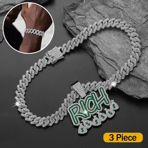 Hip Hop Rich Money Pendant Necklace with Cuban Bracelet Set - Rapper Miami Style Cuban Chain, Hip Hop Cool Necklace, Holiday Gift Men Jewelry Glamour Cubic Zirconia