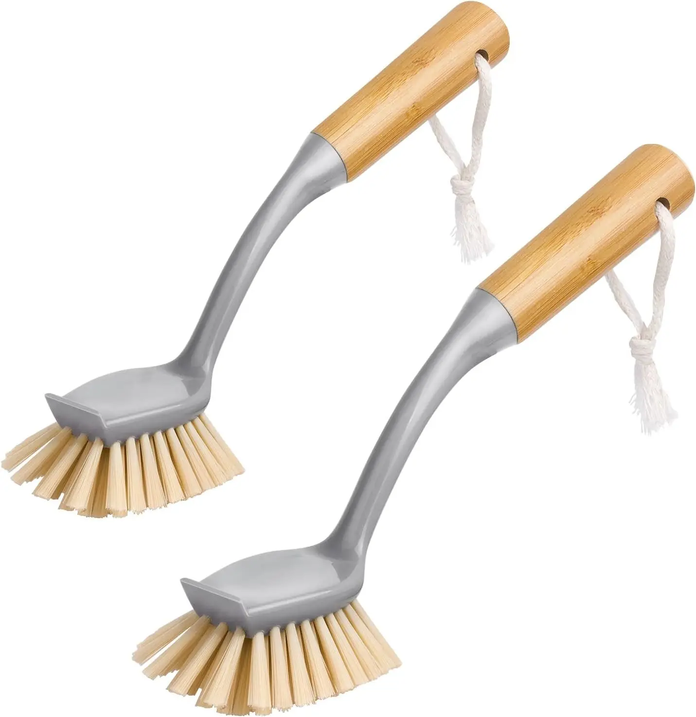 Dish Brush with Long Bamboo Handle Built-in Scraper, Scrub Brush for Pans, Pots, Kitchen Sink Cleaning, Pack of 2