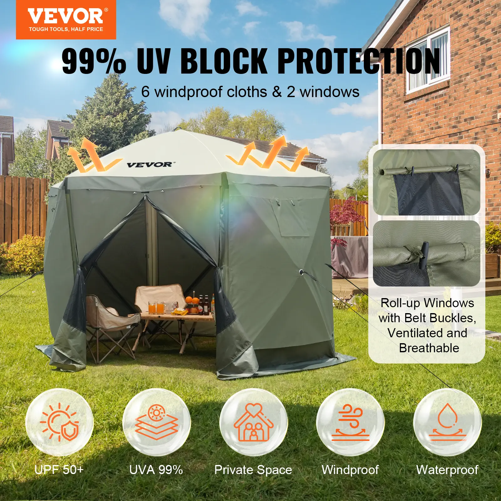 【summerfinds】VEVOR Pop Up Gazebo Tent, Pop-Up Screen Tent 6 Sided Canopy Sun Shelter with 6 Removable Privacy Wind Cloths & Mesh Windows, 10x10FT Quick Set Screen Tent with Mosquito Netting, Army Green