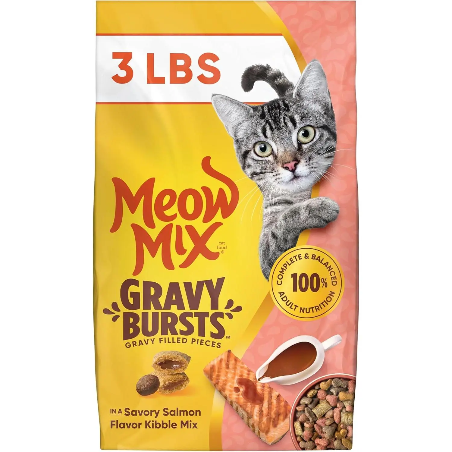 Meow Mix Gravy Bursts, Dry Cat Food, Savory Salmon Flavor, 3 lb. Bag