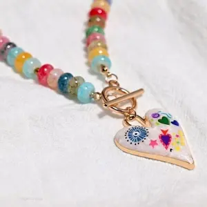 Vintage Beaded Necklace, Colorful Glass & Crystal Corn Shaped Beads, Heart Pendant with OT Clasp for Women