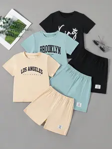 Young Boys Casual Letter Print Short Sleeve Shorts Set, Three-Piece, Loose-Fitting, Cartoon Pattern, No Button, with Collar