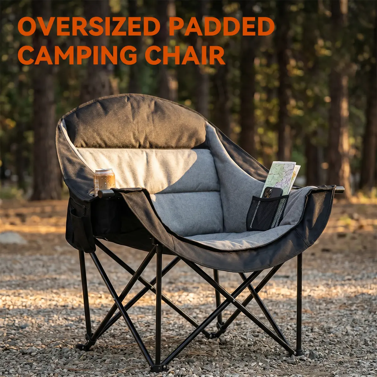 Heavy-Duty Camping Chair, Oversized Reclining Folding Chair Supporting 500 lbs with Padded Seat, Built-in Cooler, All-Weather 600D Oxford Fabric, Ultra Portable for Beach & Outdoors, Ultra Portable Chairs