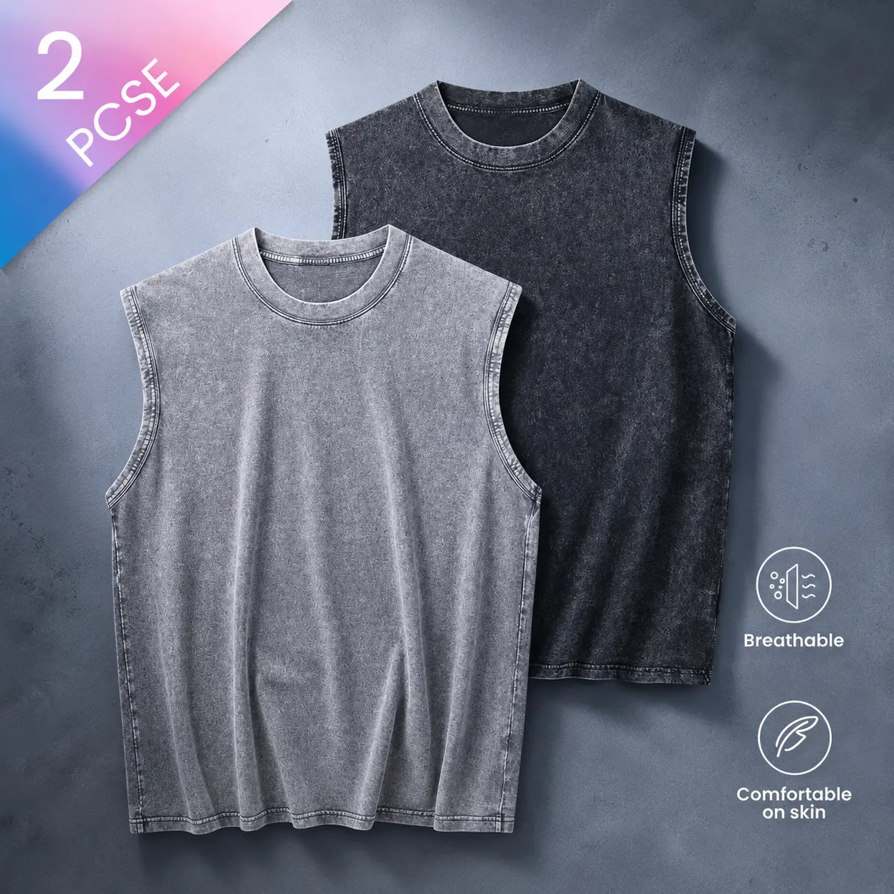 2/3 Packs Vintage Washed Sleeveless Tank for Women, Oversized Muscle Tee, Acid Wash Cotton Blend Gym Shirt, Loose Fit Casual Streetwear Tank, Summer Workout Sleeveless T-Shirt