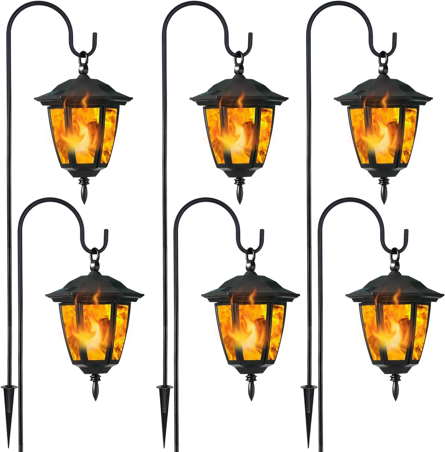 6-Pack Solar Flickering Flame Hanging LED Lanterns with 6×38-Inch Shepherd's Hooks, Outdoor Home Improvement Lighting for Lawn, Patio, Holiday Decor (Halloween, Christmas)