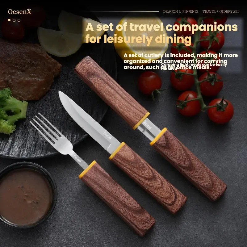OesenX Portable Travel Stainless Steel Cutlery Utensil Sets with Case - 3-Piece Mirror-Polished Knife,Fork&Spoon, Unisex Wood Grain Plastic Portable Grip, Compact Mirror, for Outdoor Meals, Office Lunch Kitchenware