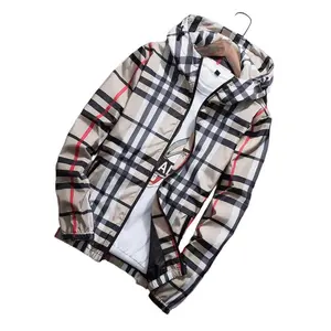 Men's Lightweight Hooded Jacket, Zip-Up Windbreaker with Adjustable Drawstring & Color-Block Stripes for AutumnFashionable Style Casual Menswear Coats Tops Customized Personalized jackets Stylish Khaki Plaid Design original  jacket Checked Long Sleeve